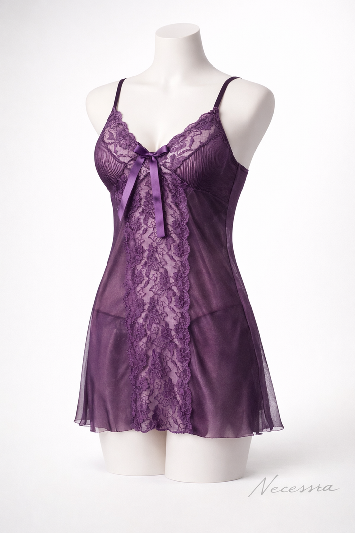 Home Front Slit Net Lingerie - Purple Nighty